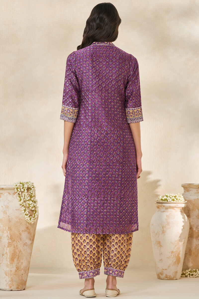 Purple Hand Block Printed Straight Chanderi Kurta