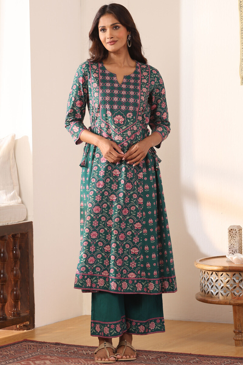 Teal Printed A-Line Cotton Kurta