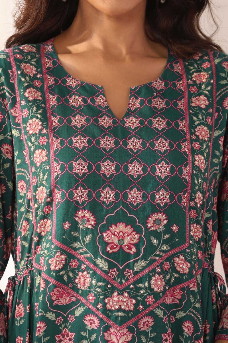 Teal Printed A-Line Cotton Kurta