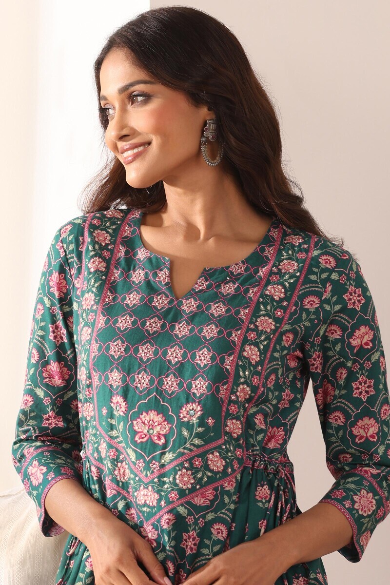 Teal Printed A-Line Cotton Kurta