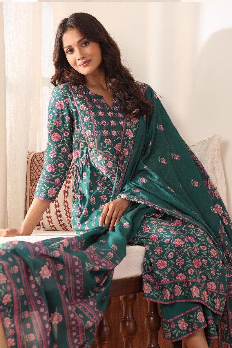 Teal Printed A-Line Cotton Kurta