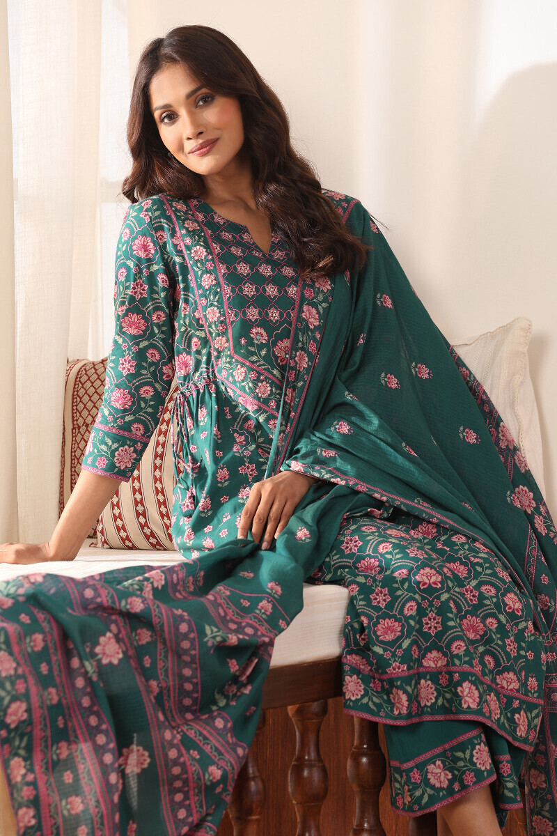 Teal Printed A-Line Cotton Kurta