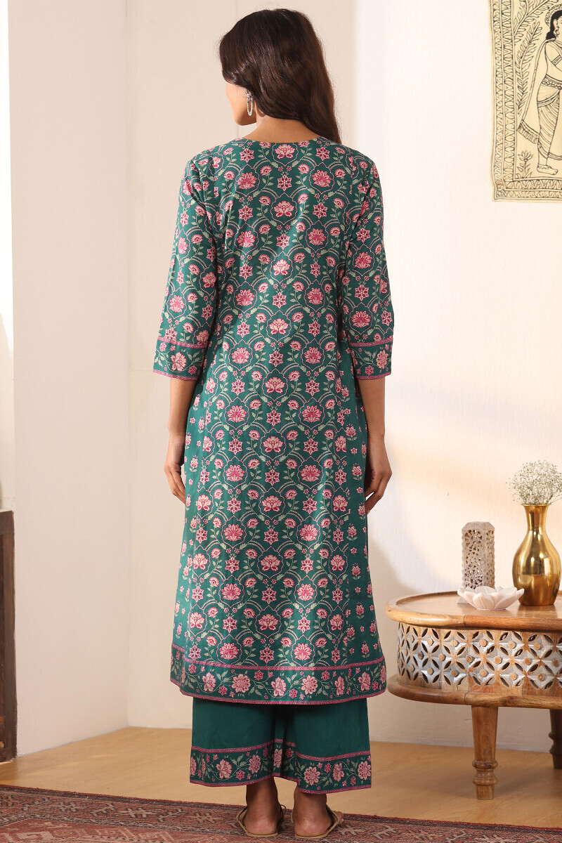 Teal Printed A-Line Cotton Kurta