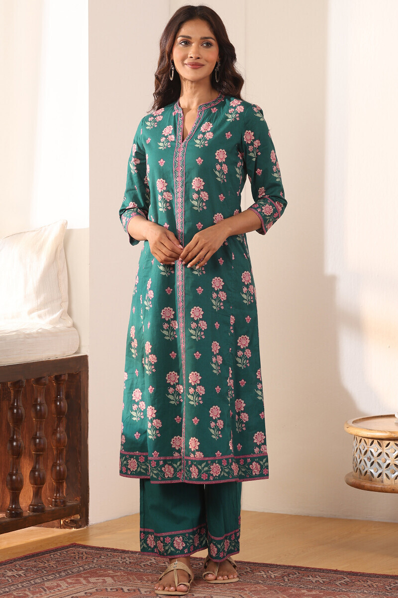 Teal Printed A-Line Cotton Kurta
