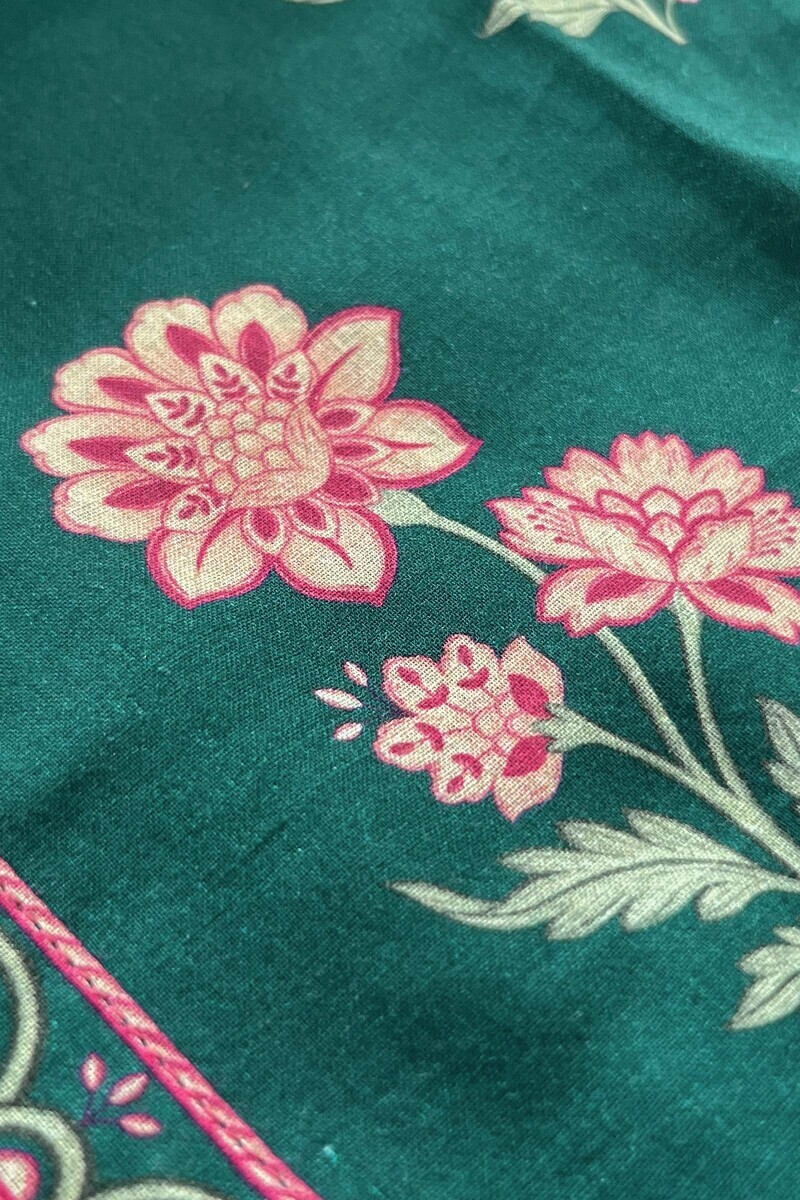 Teal Printed A-Line Cotton Kurta