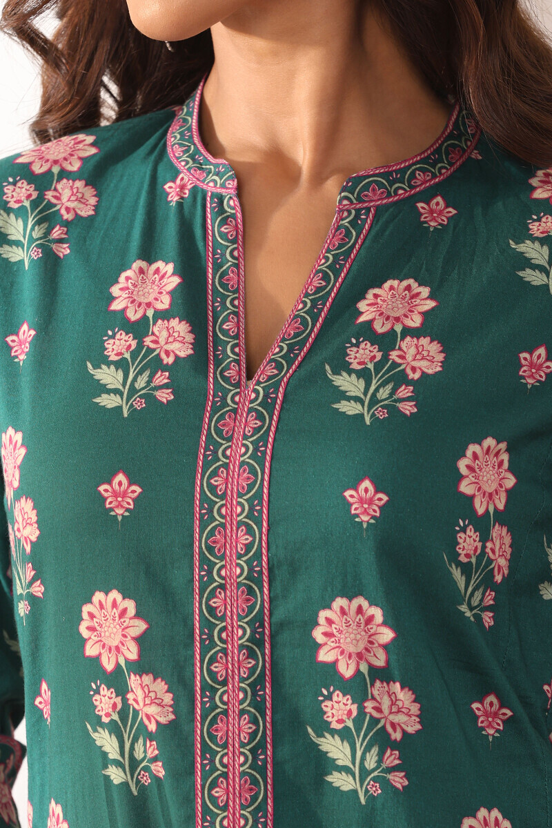Teal Printed A-Line Cotton Kurta