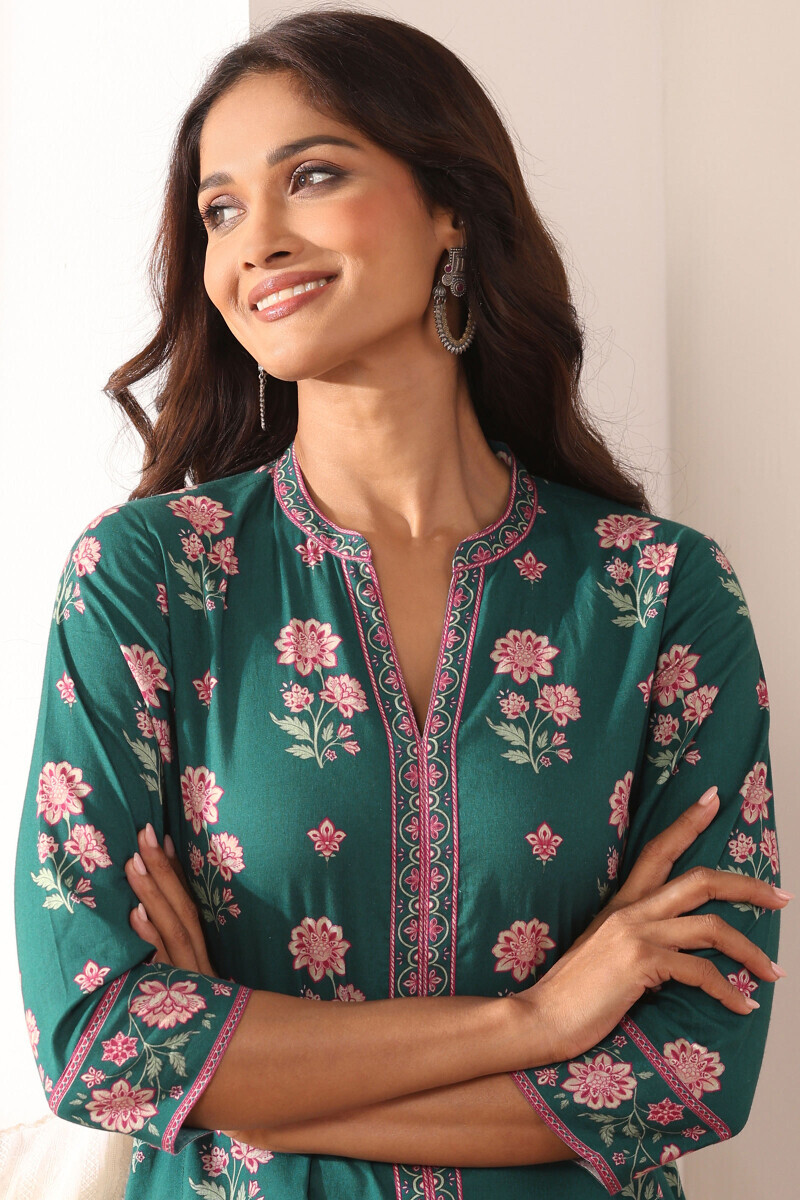 Teal Printed A-Line Cotton Kurta