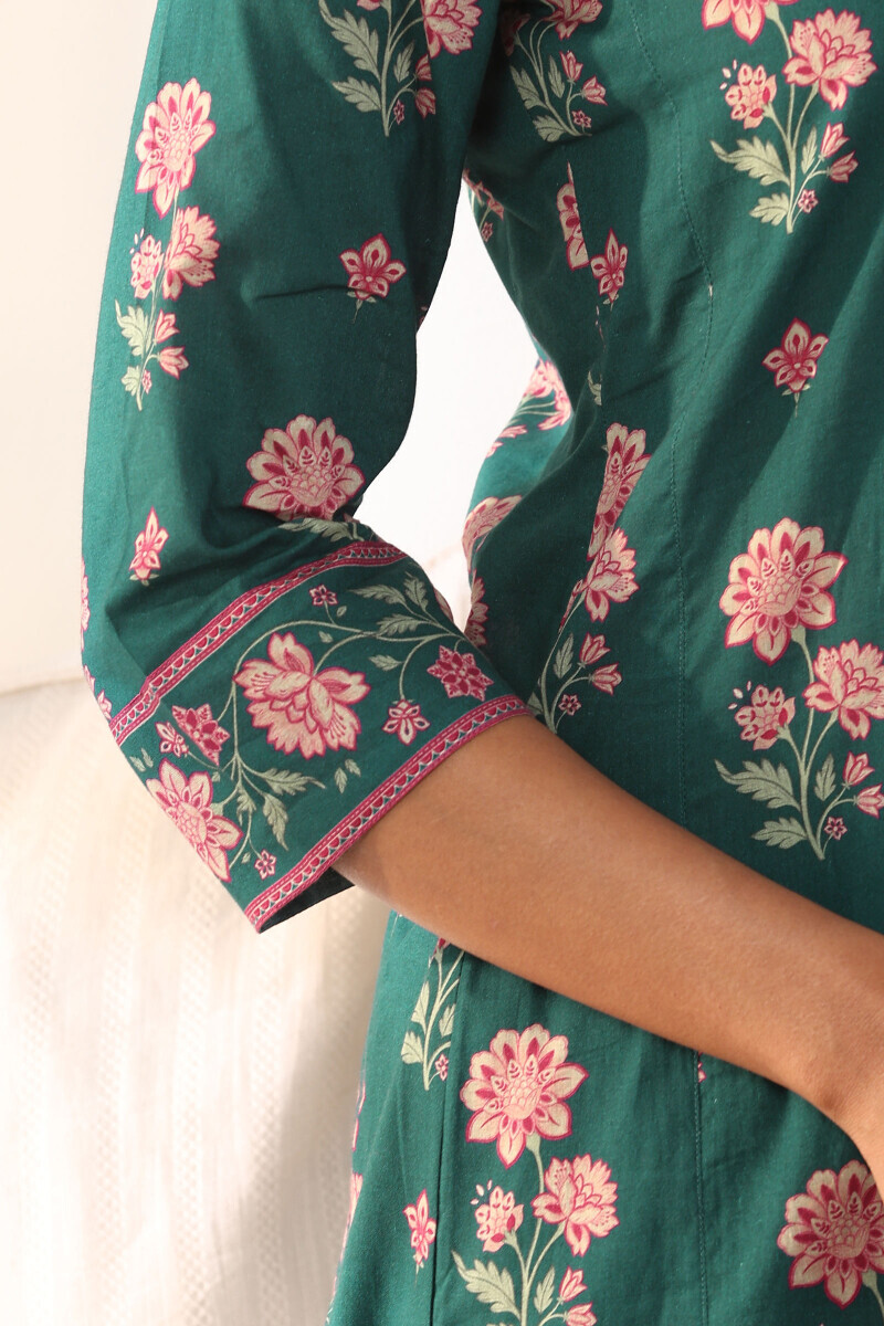 Teal Printed A-Line Cotton Kurta
