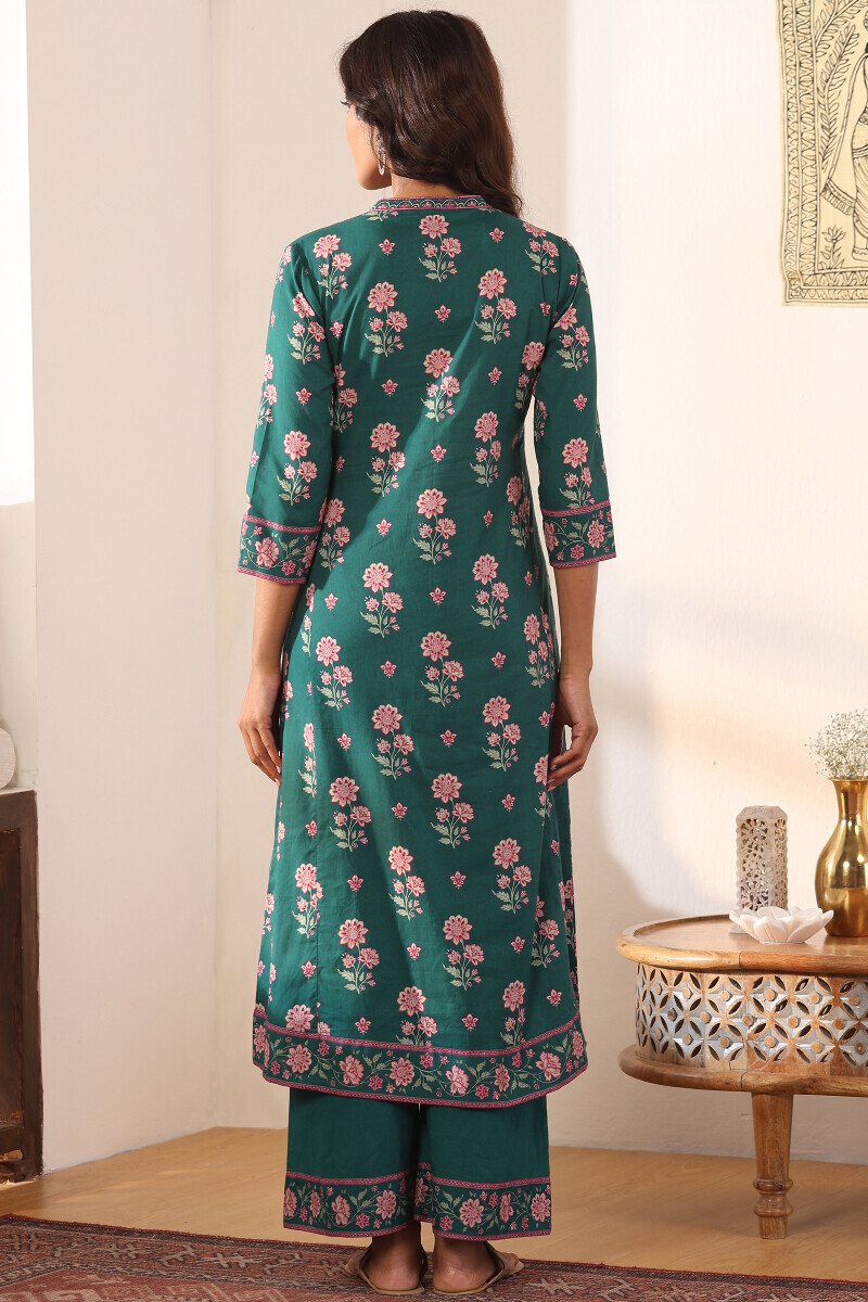 Teal Printed A-Line Cotton Kurta