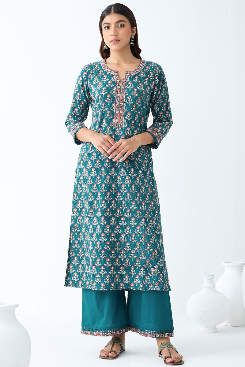 Green Hand Block Printed Straight Cotton Kurta