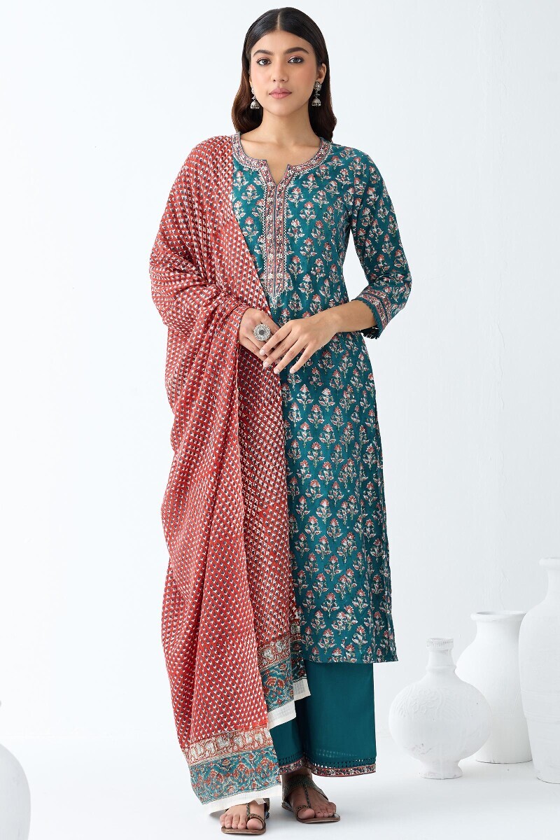 Green Hand Block Printed Straight Cotton Kurta