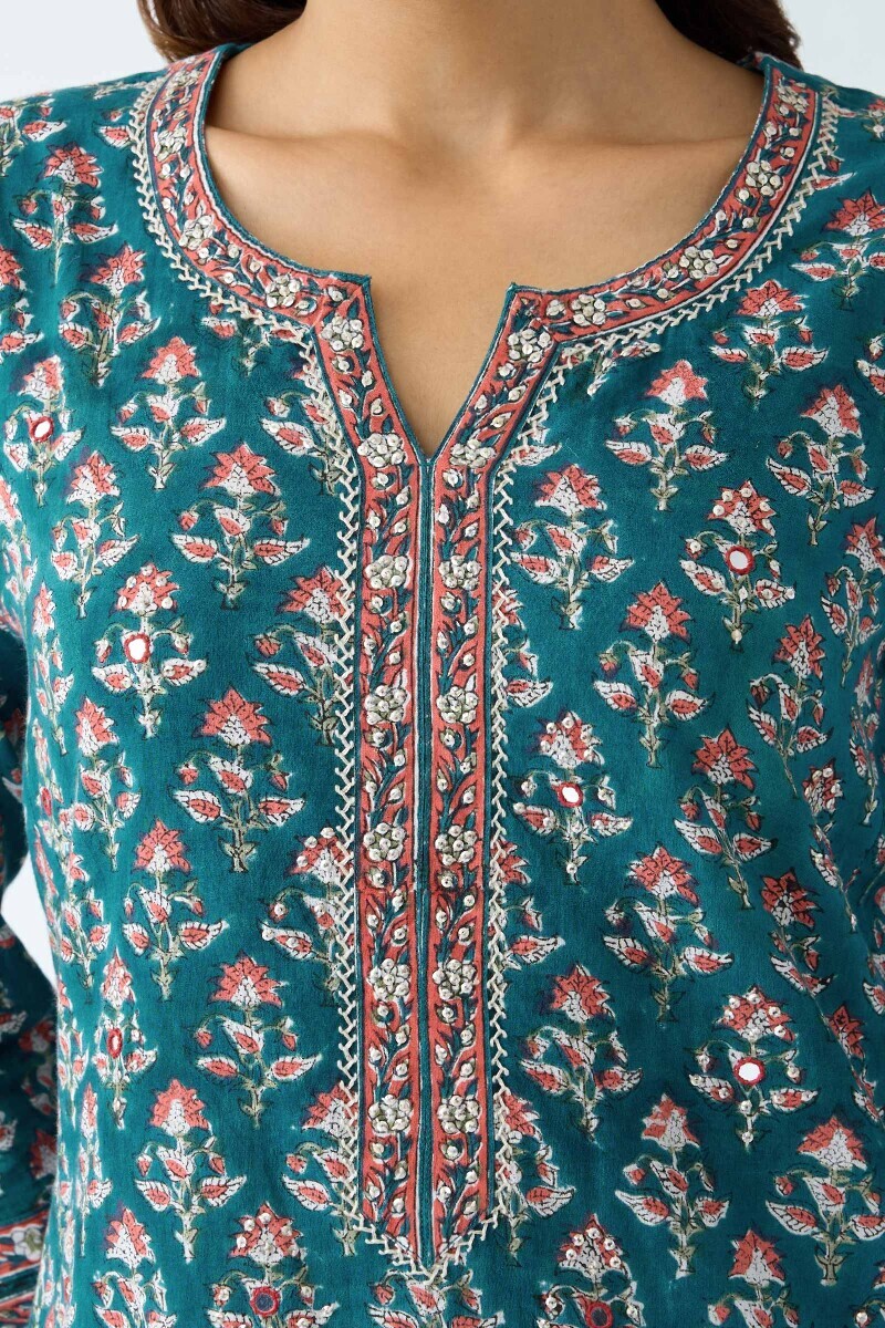 Green Hand Block Printed Straight Cotton Kurta