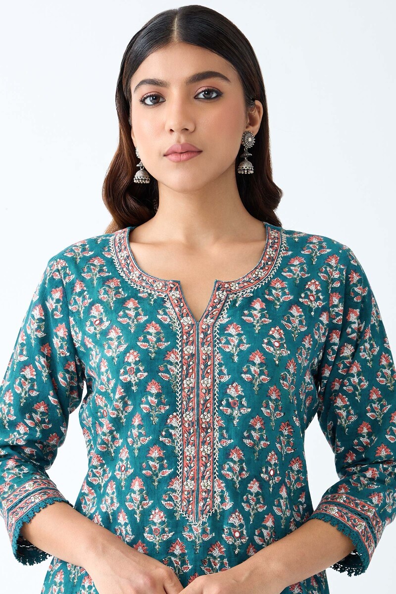 Green Hand Block Printed Straight Cotton Kurta