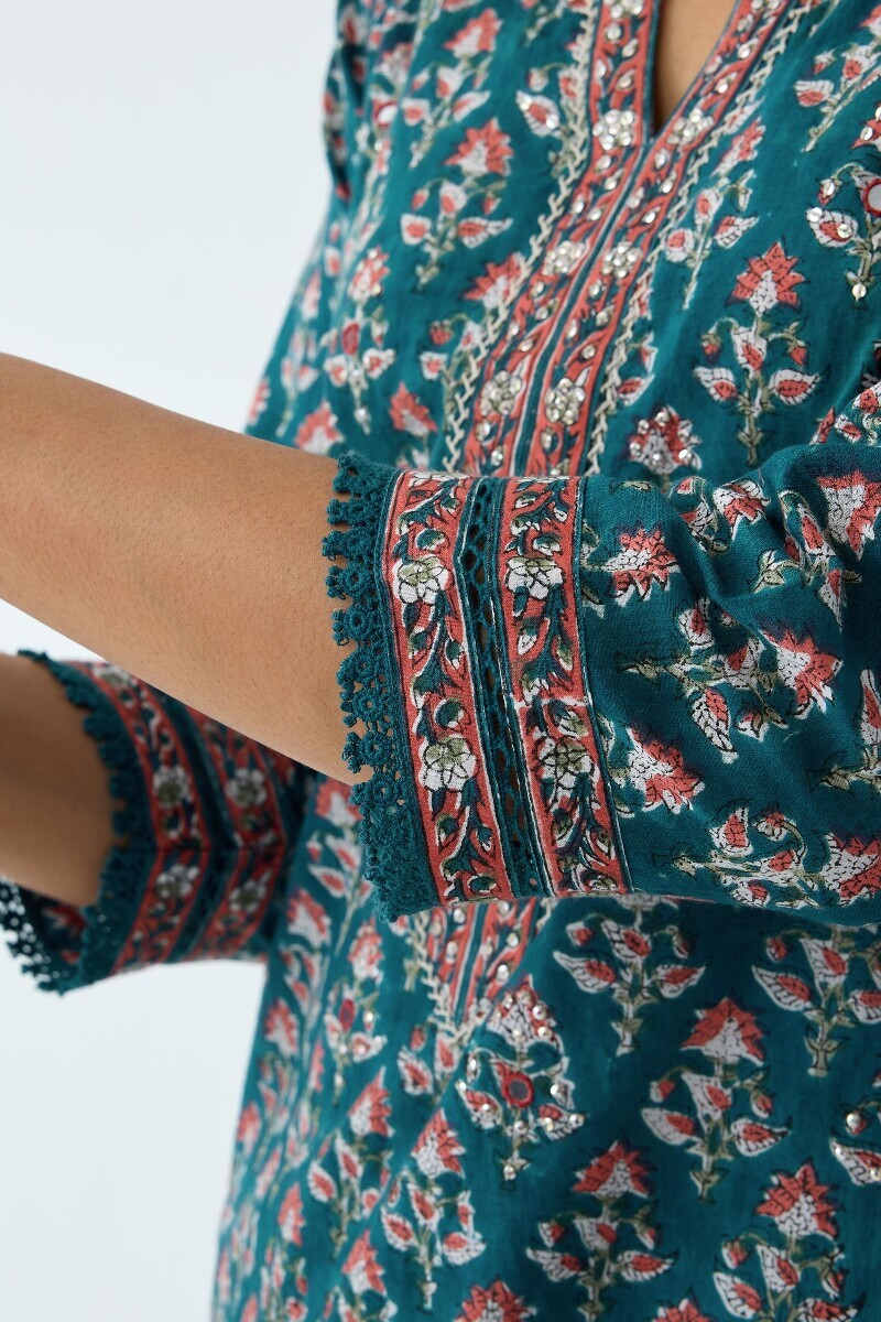 Green Hand Block Printed Straight Cotton Kurta