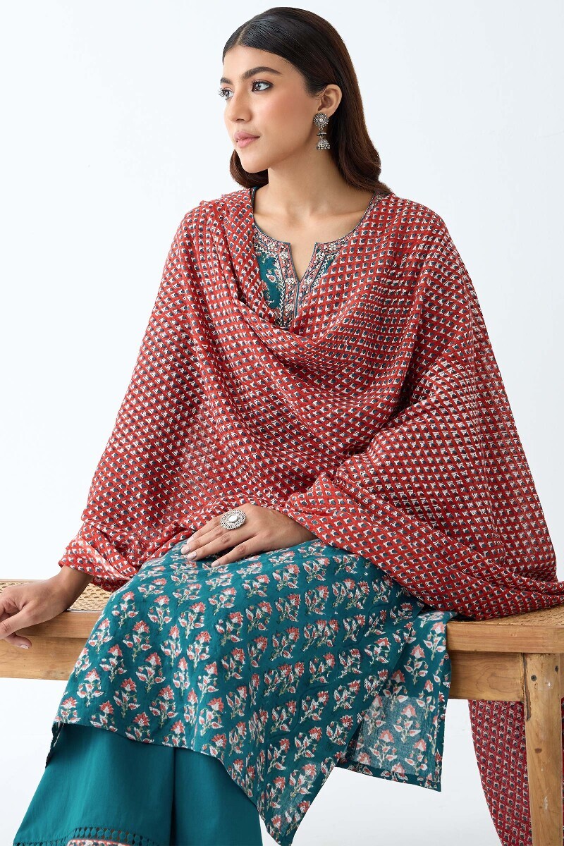 Green Hand Block Printed Straight Cotton Kurta