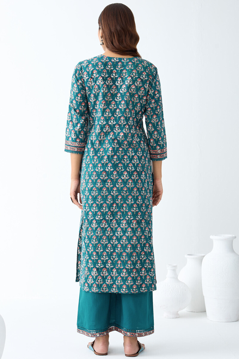 Green Hand Block Printed Straight Cotton Kurta