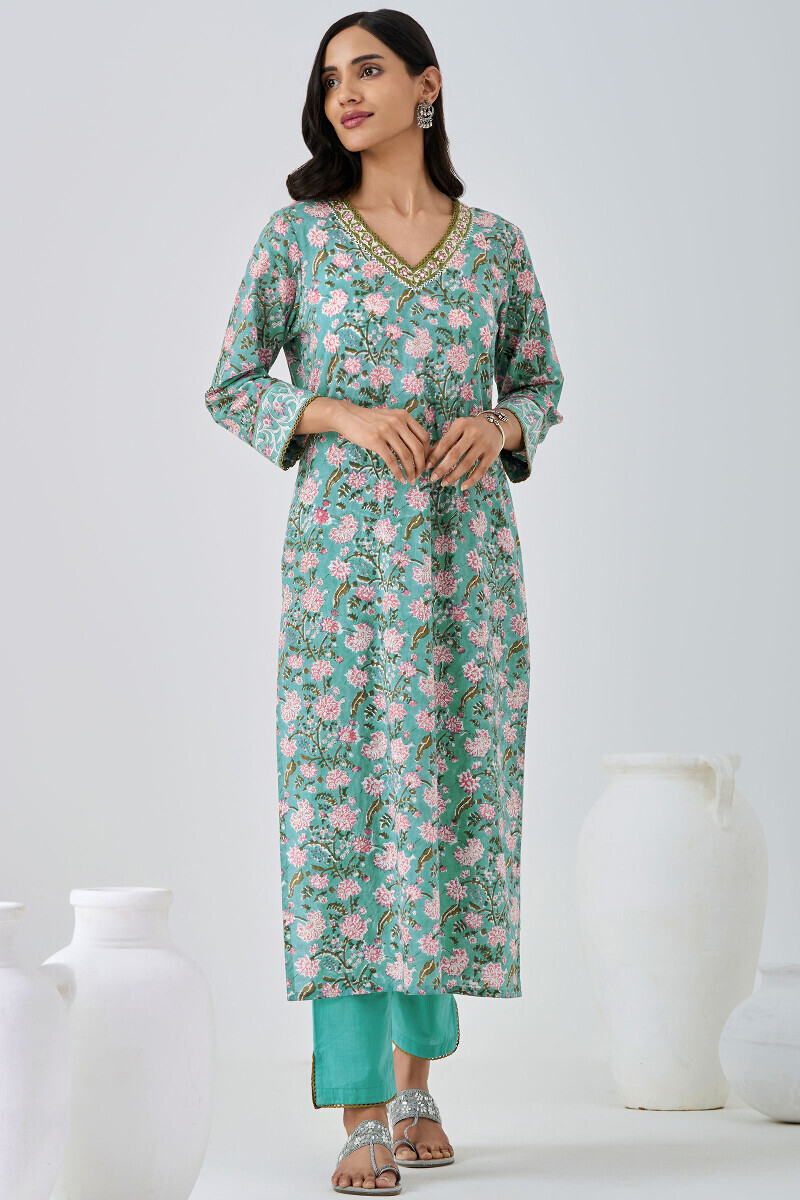 Blue Hand Block Printed Straight Cotton Kurta