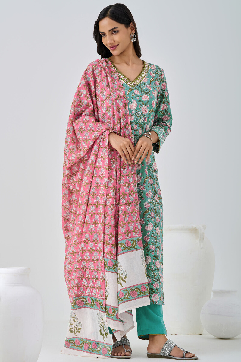 Blue Hand Block Printed Straight Cotton Kurta