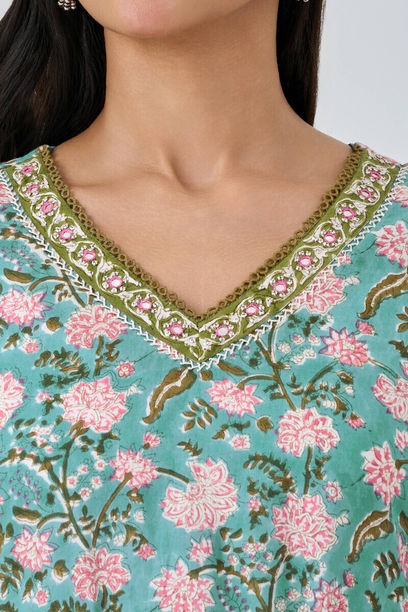 Blue Hand Block Printed Straight Cotton Kurta