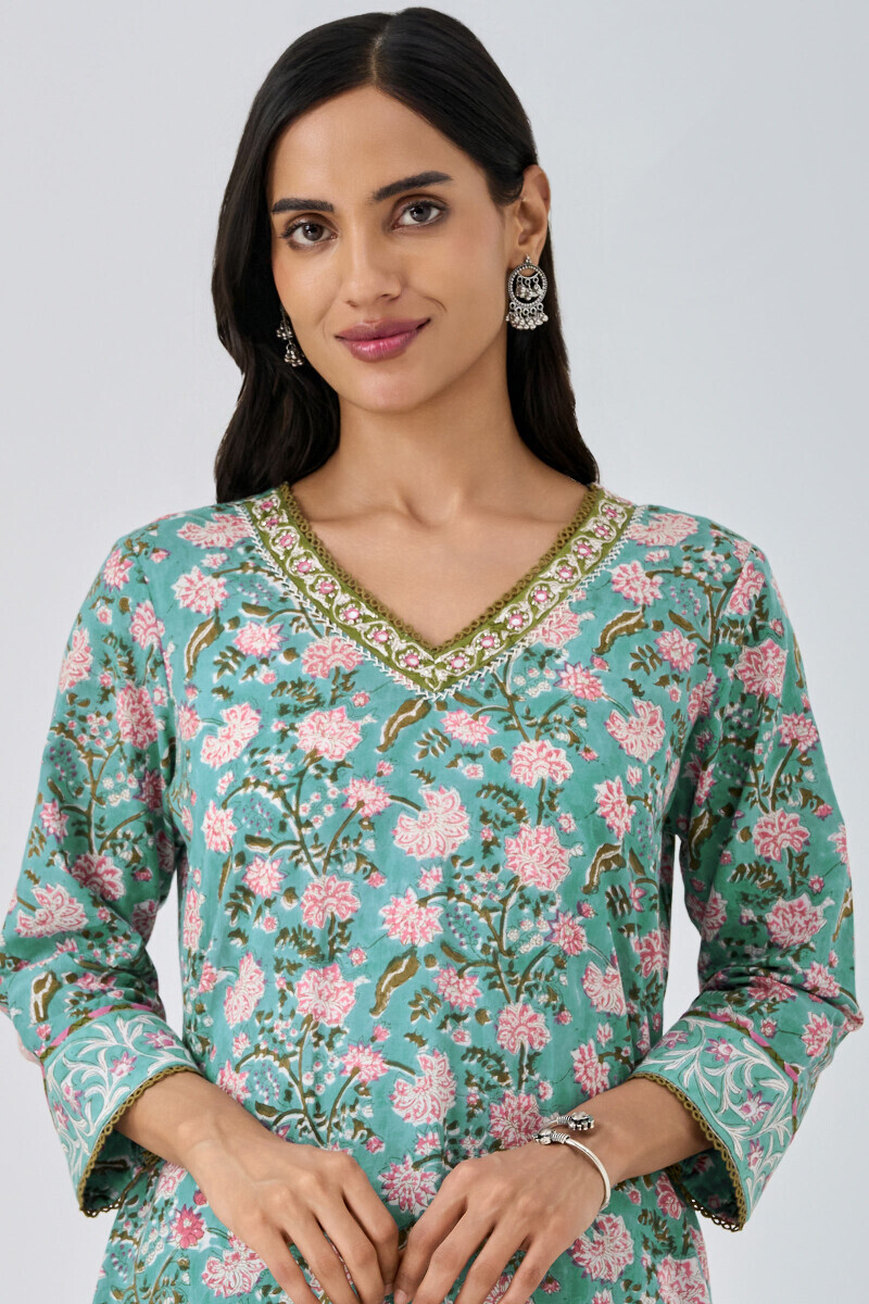 Blue Hand Block Printed Straight Cotton Kurta