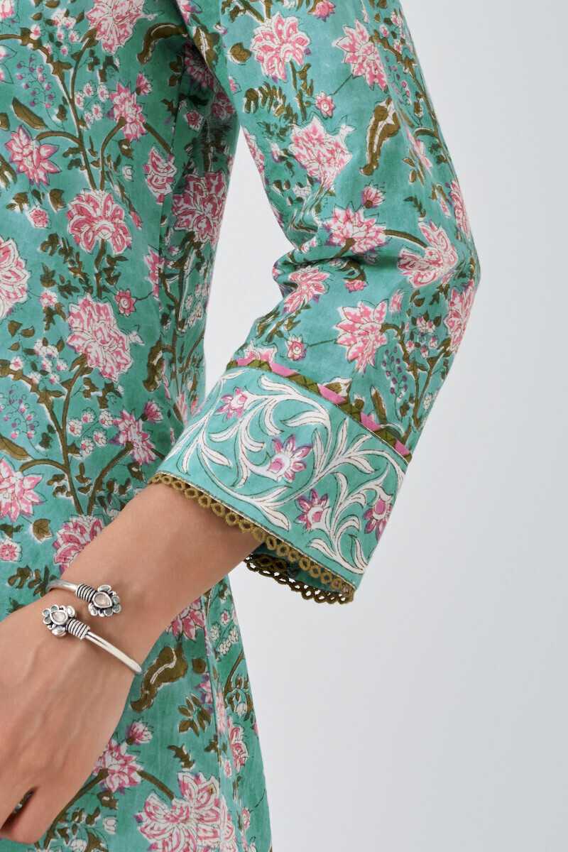 Blue Hand Block Printed Straight Cotton Kurta