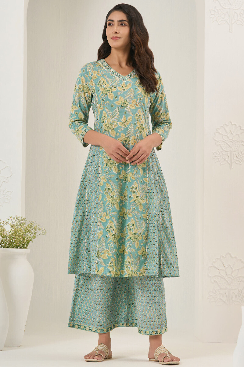 Turquoise Hand Block Printed A-Line Cotton Kurta