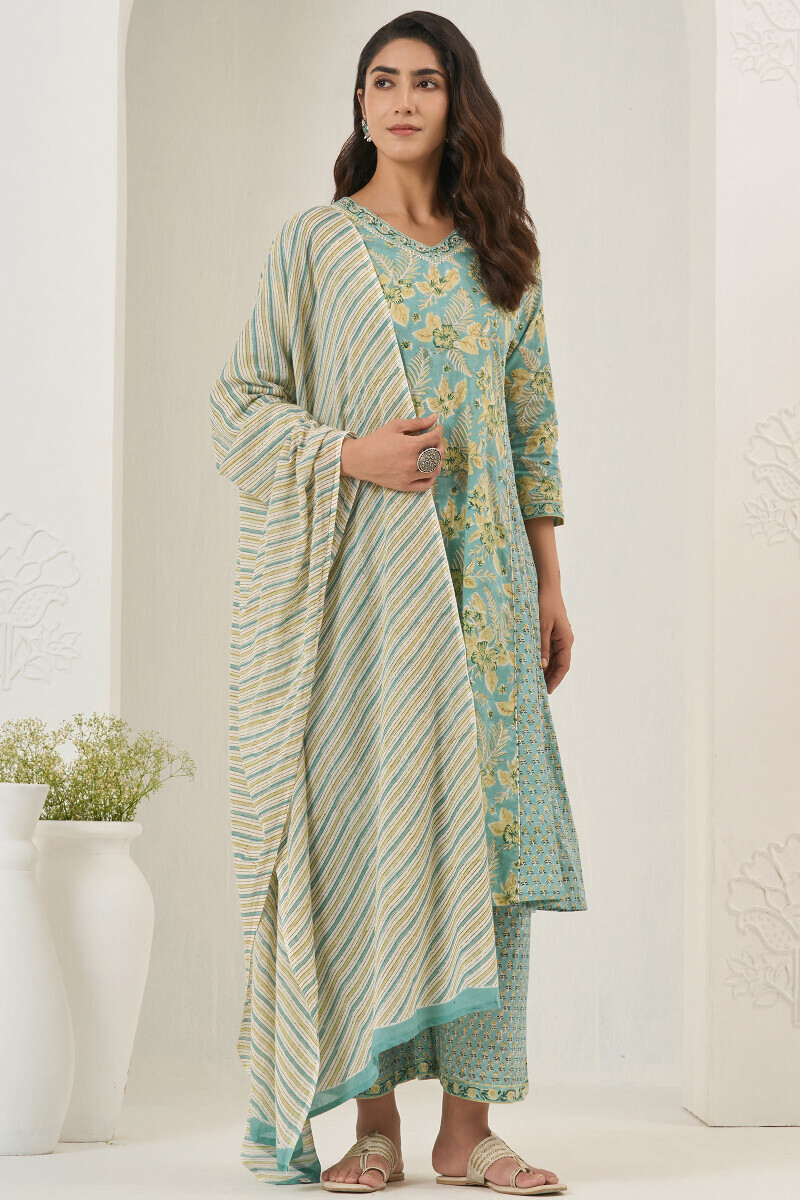 Turquoise Hand Block Printed A-Line Cotton Kurta