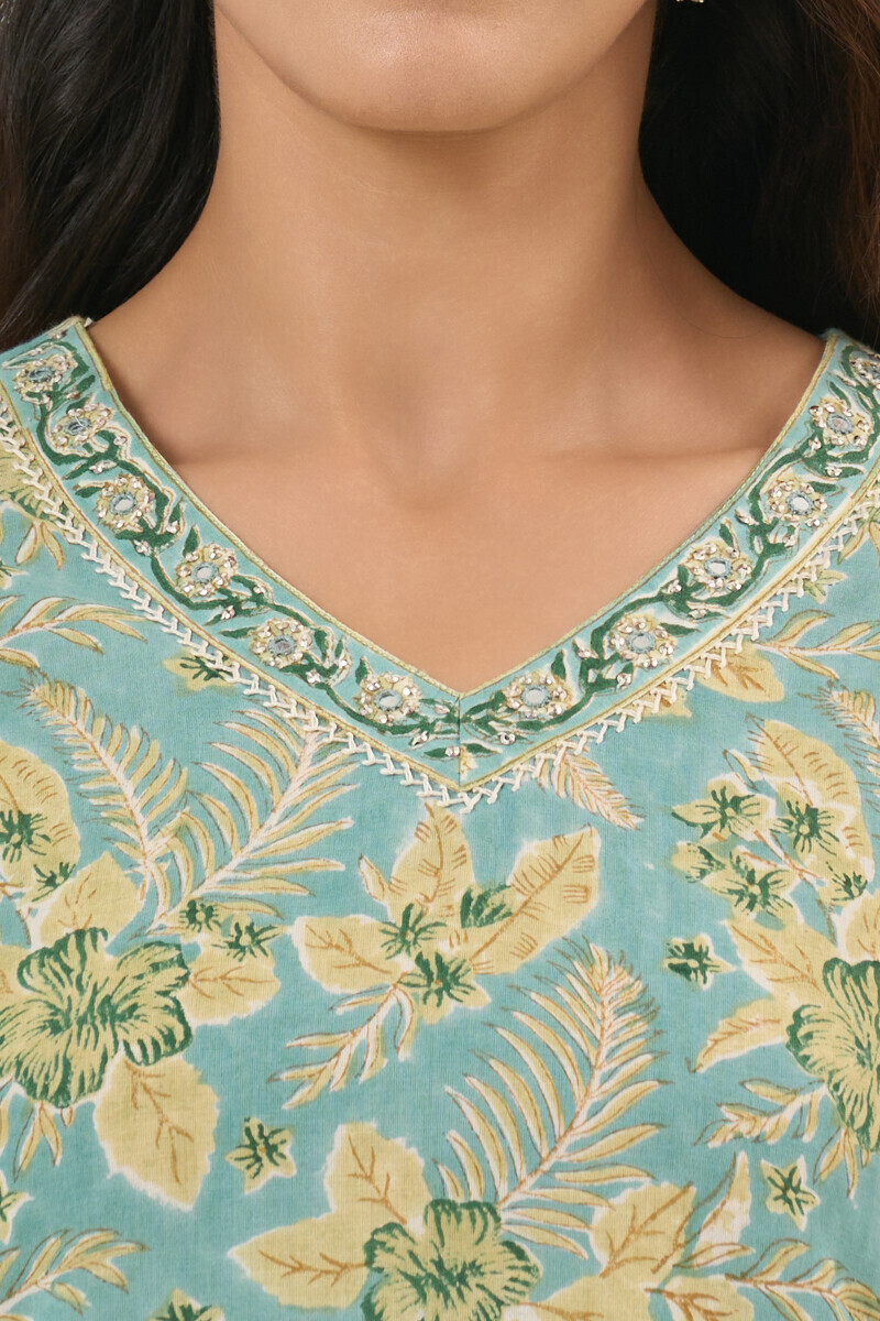Turquoise Hand Block Printed A-Line Cotton Kurta