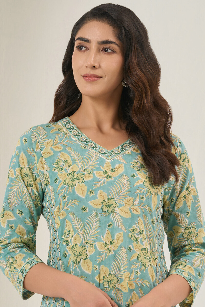 Turquoise Hand Block Printed A-Line Cotton Kurta