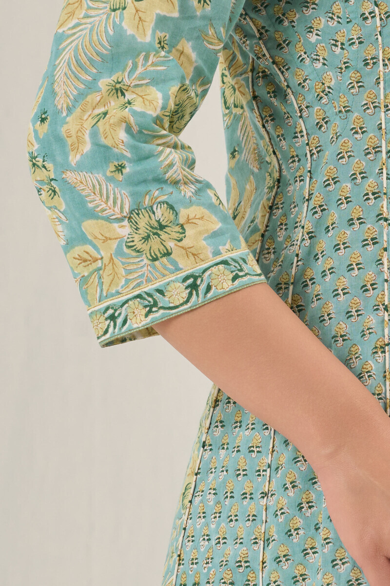 Turquoise Hand Block Printed A-Line Cotton Kurta
