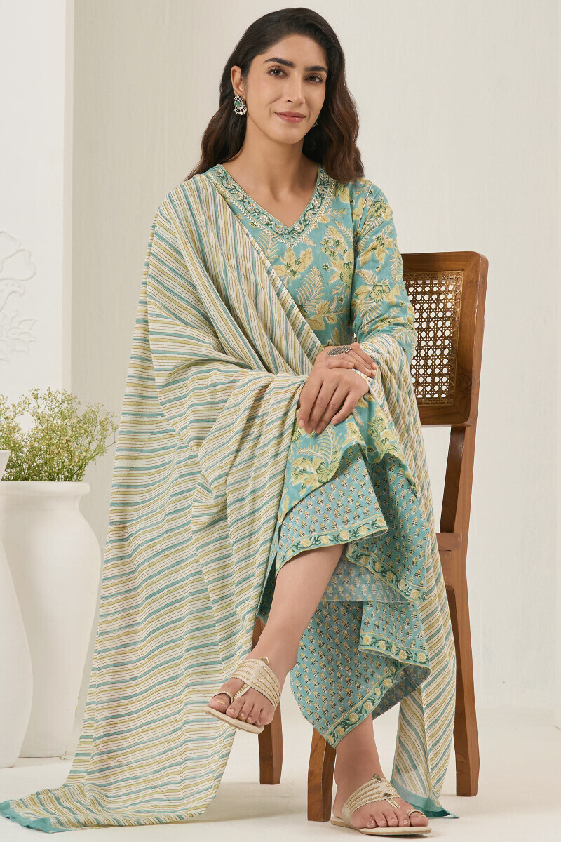 Turquoise Hand Block Printed A-Line Cotton Kurta