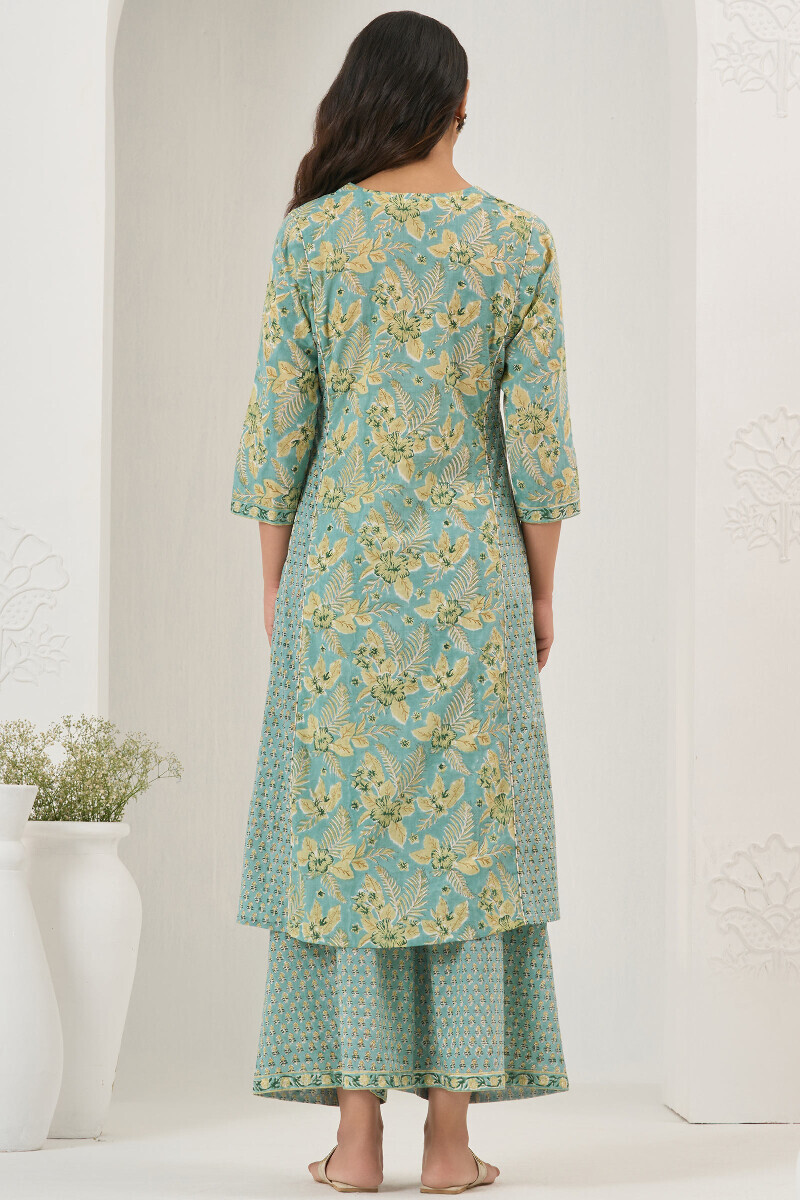 Turquoise Hand Block Printed A-Line Cotton Kurta