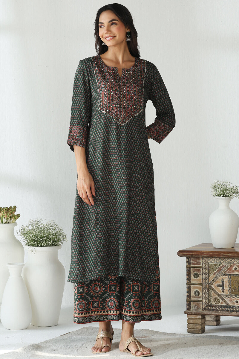 Green Printed Straight Viscose Kurta