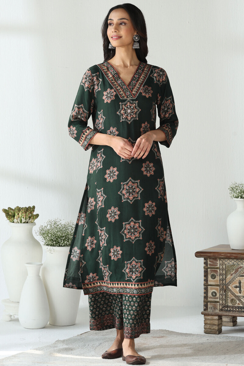 Green Printed Straight Viscose Kurta