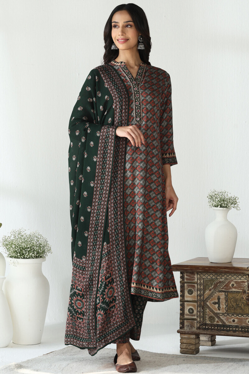 Green Printed A-Line Viscose Kurta