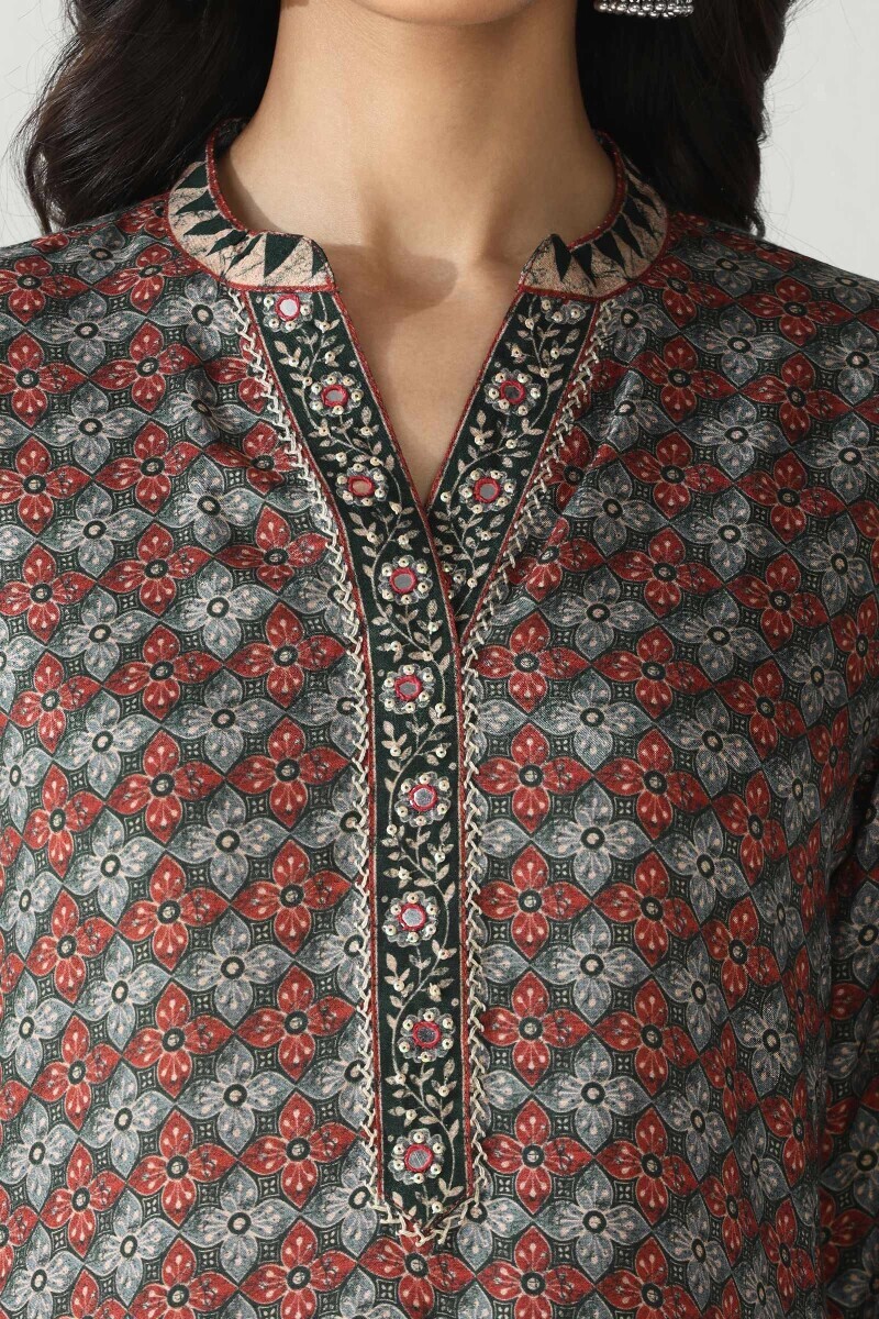 Green Printed A-Line Viscose Kurta