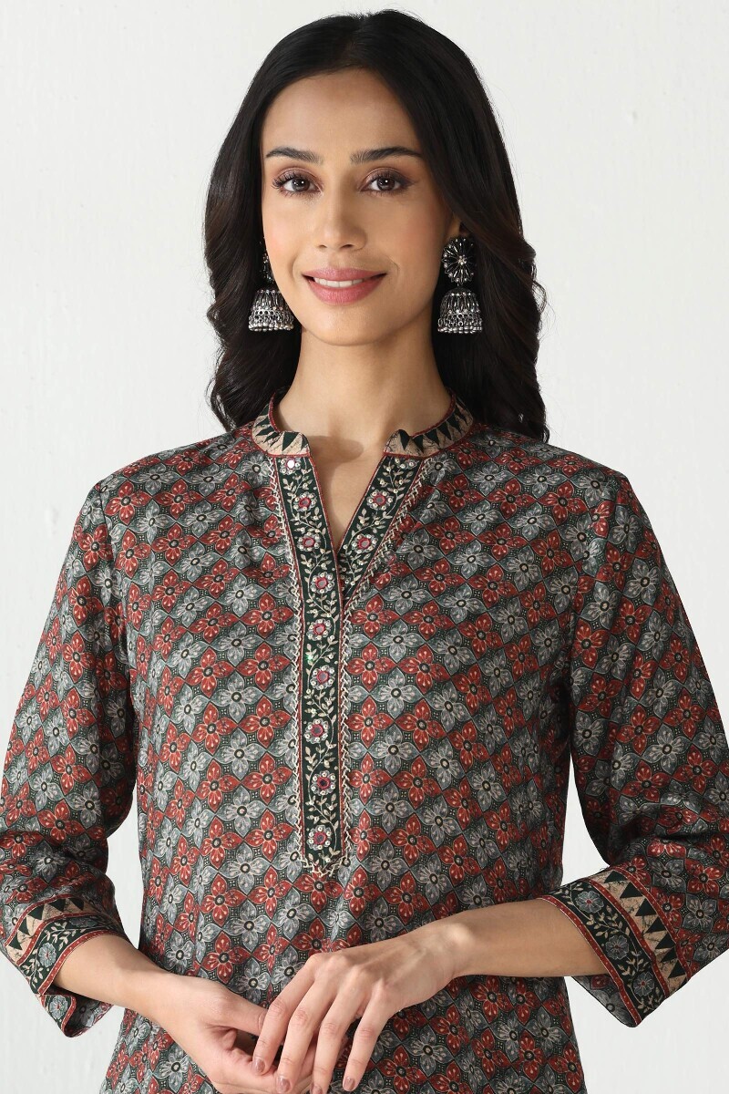 Green Printed A-Line Viscose Kurta