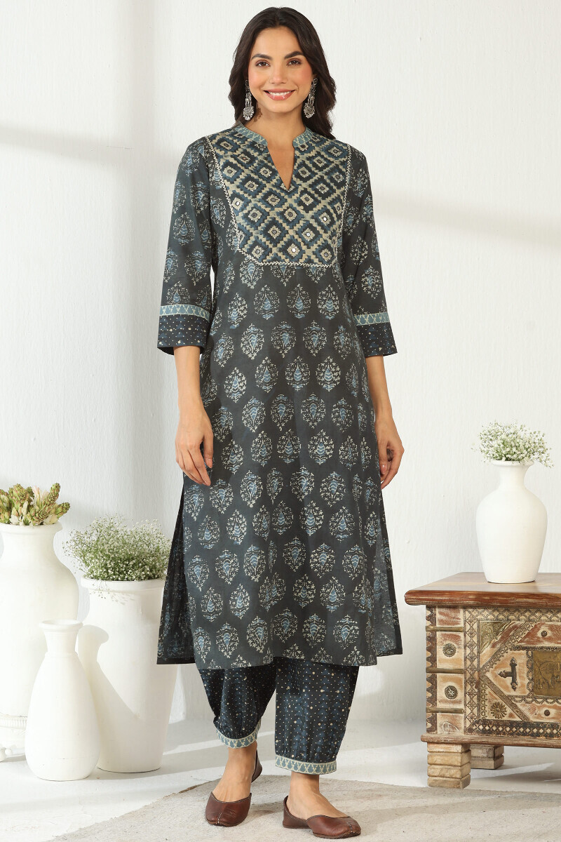 Indigo Hand Block Printed Straight Cotton Kurta