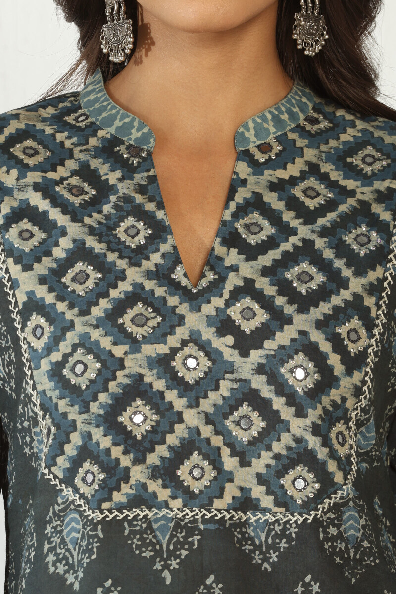 Indigo Hand Block Printed Straight Cotton Kurta