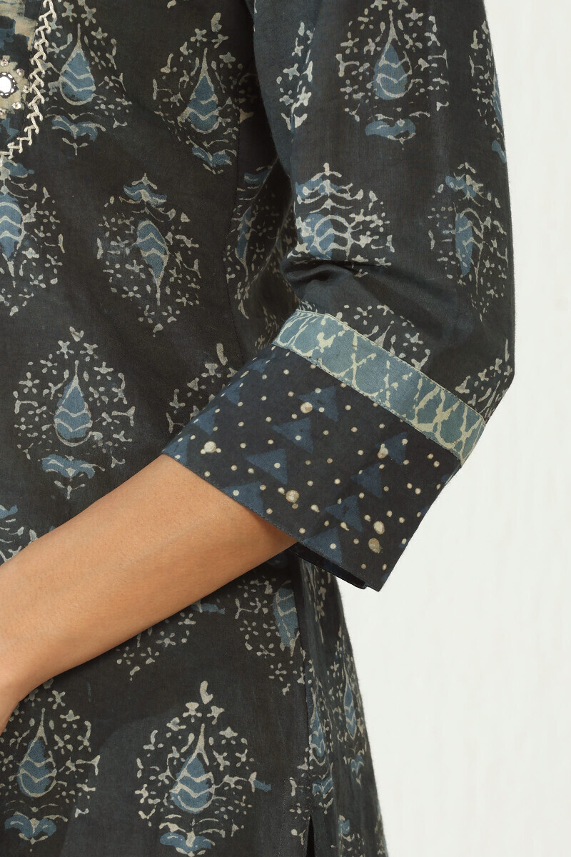 Indigo Hand Block Printed Straight Cotton Kurta