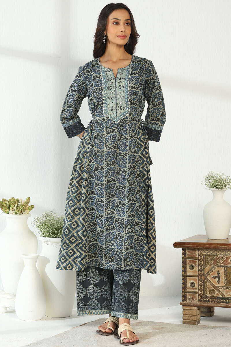 Indigo Hand Block Printed A-Line Cotton Kurta