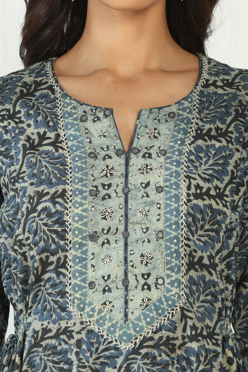 Indigo Hand Block Printed A-Line Cotton Kurta