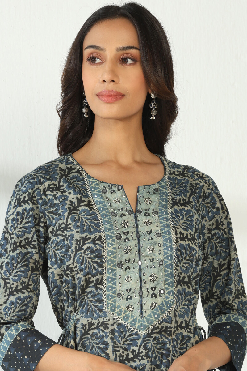 Indigo Hand Block Printed A-Line Cotton Kurta