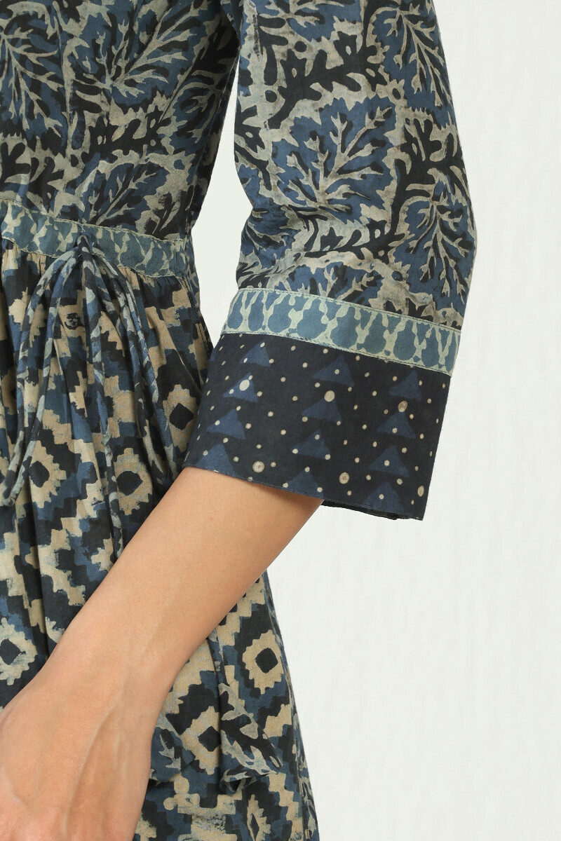 Indigo Hand Block Printed A-Line Cotton Kurta