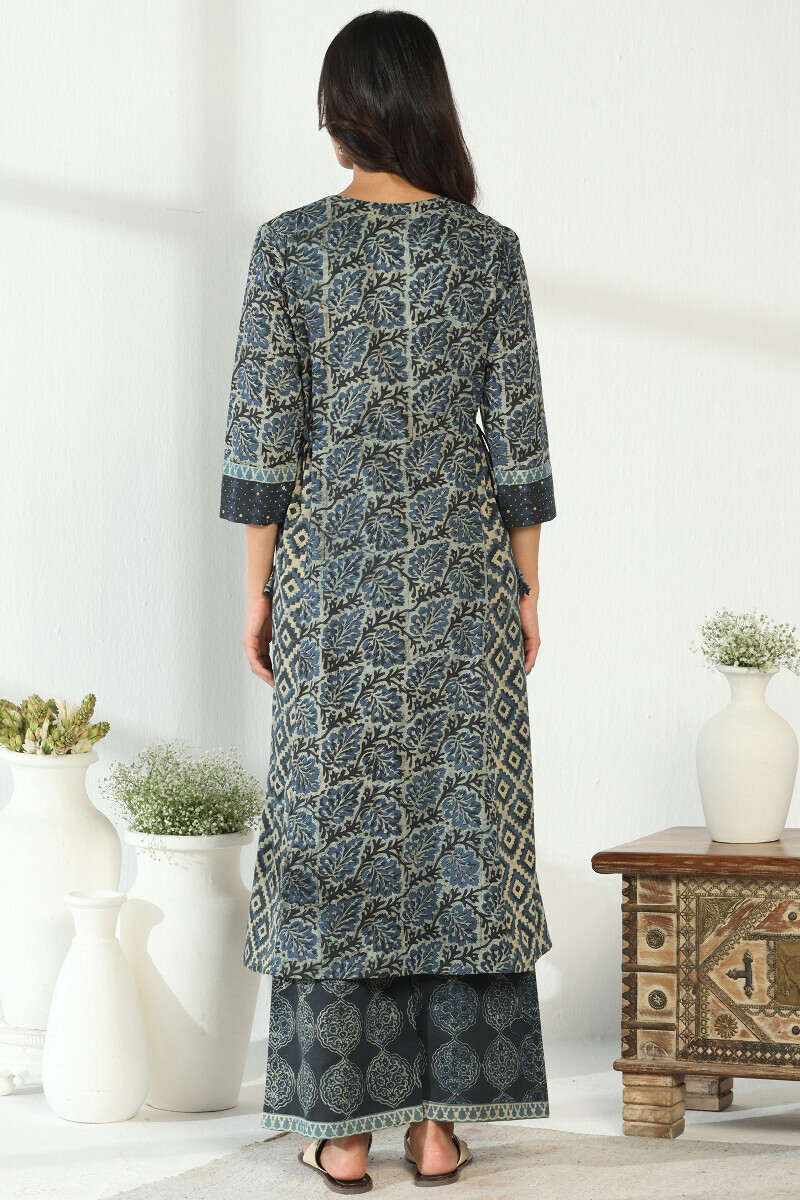 Indigo Hand Block Printed A-Line Cotton Kurta