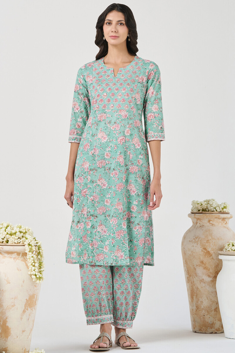 Green Hand Block Printed Straight Cotton Kurta