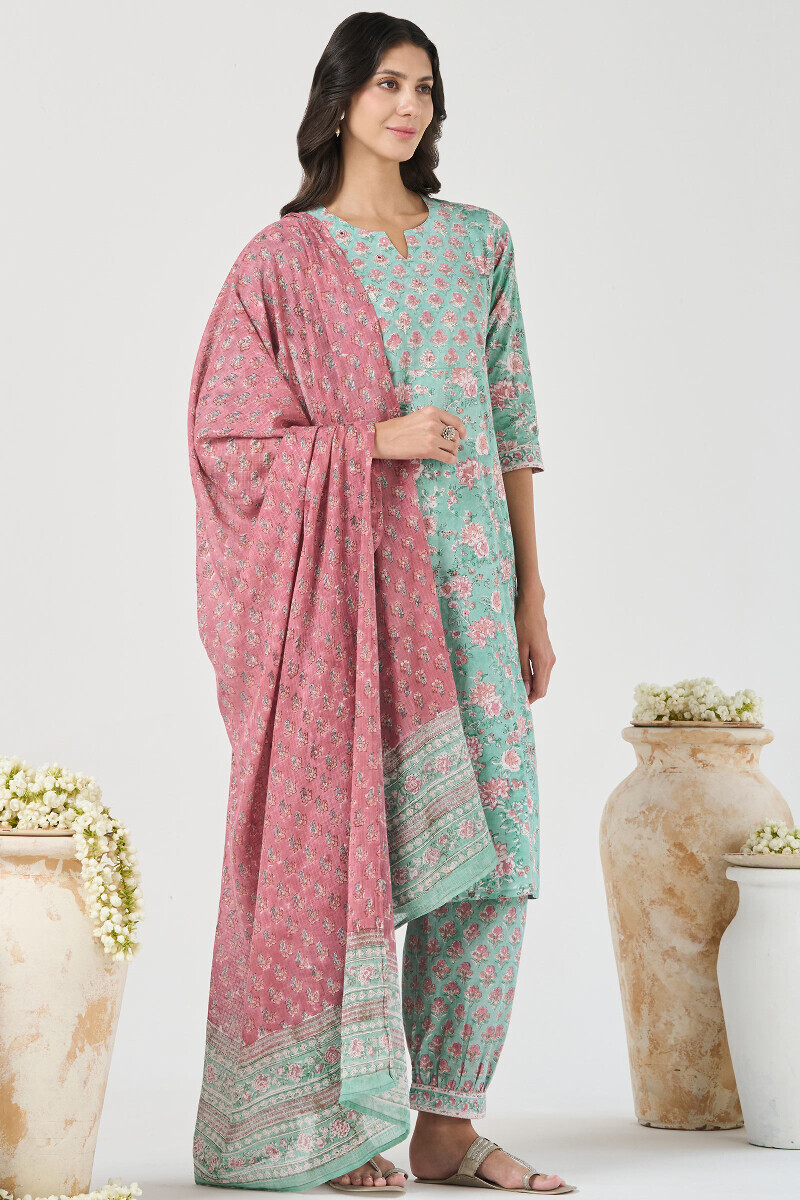 Green Hand Block Printed Straight Cotton Kurta