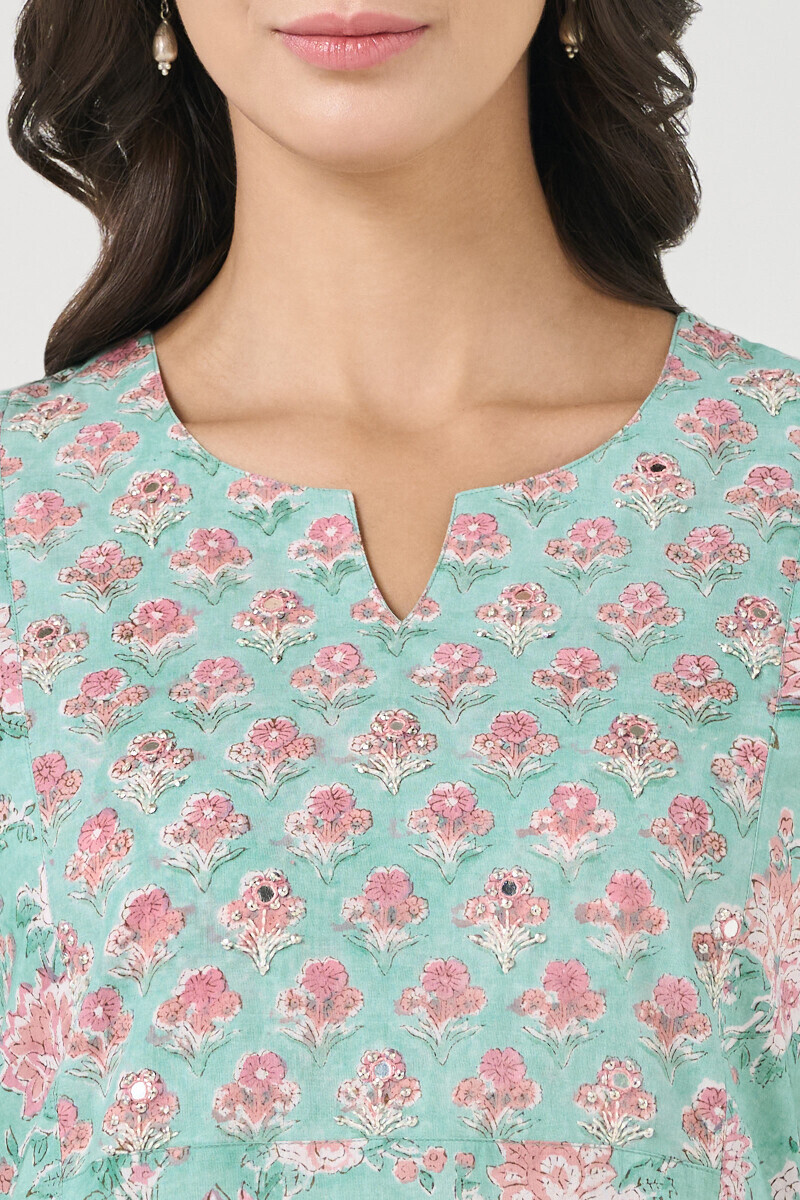 Green Hand Block Printed Straight Cotton Kurta