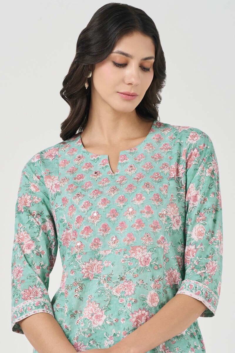 Green Hand Block Printed Straight Cotton Kurta