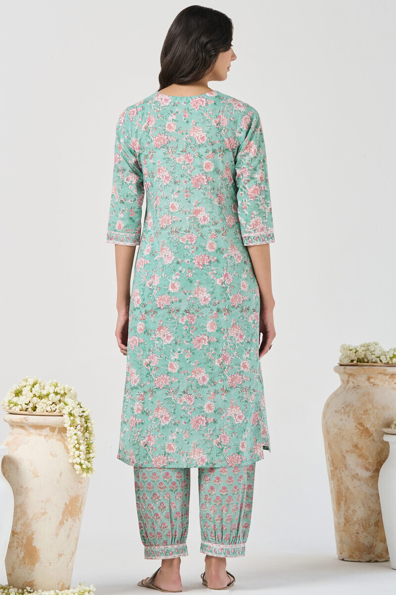 Green Hand Block Printed Straight Cotton Kurta